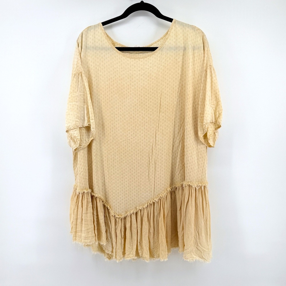 Easel Tunic Swiss Dot Ruffle L Yellow Women Oversized Boho Peplum Short Sleeve